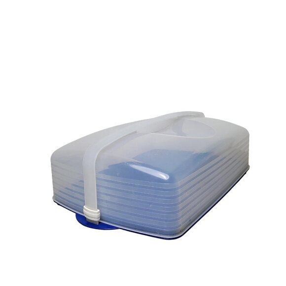 Tupperware Rectangle Bake N Take Cake Cupcake Taker Carrier Blue Clear - Picture 1 of 4